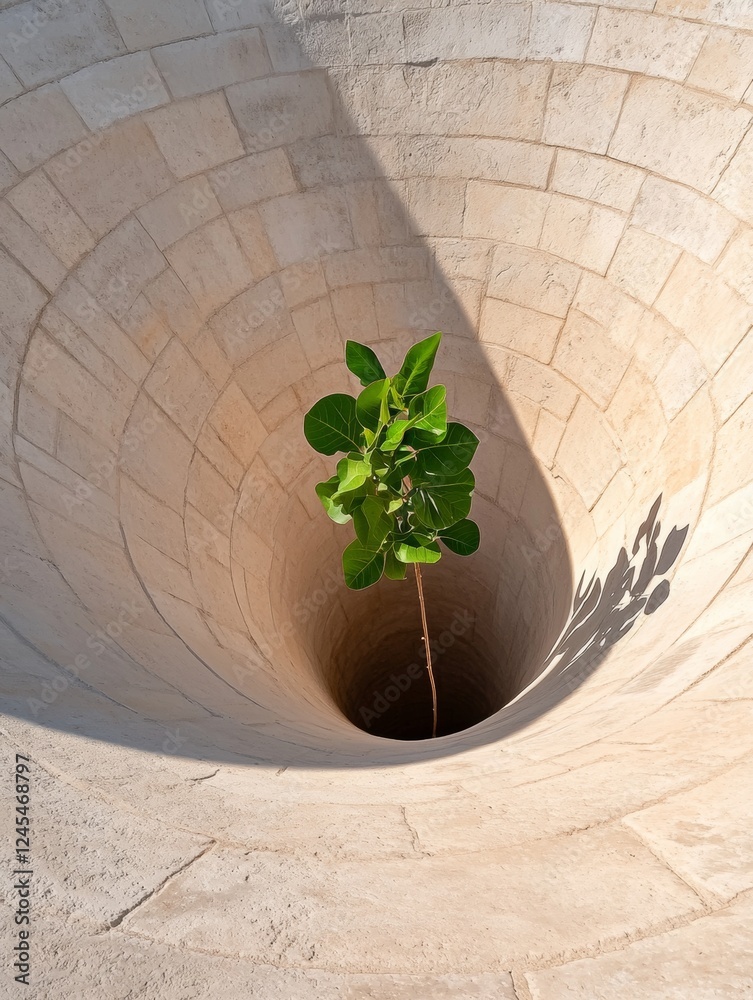 Aufkleber eco-aesthetic courtyard architecture minimalist stone circular design featuring ficus tree - sustain
