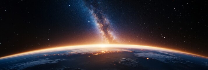 Obraz premium Cosmic Digital Art Breathtaking Milky Way and Earths Horizon in Ultra-HD - Innovative Space-Themed Visuals for Digital Marketing and Educational Uses