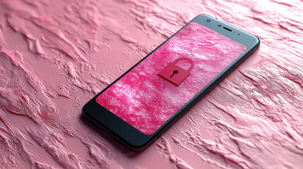 Smartphone displaying a red padlock security icon on a pink textured surface.