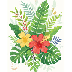  Tropical Hibiscus Floral Arrangement with Greenery in Botanical Illustration