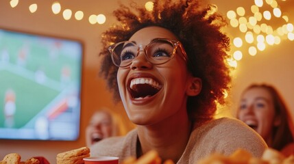 Fototapeta premium Cozy Contemporary Living Room Watch Party Neutral Tones and Warm Lighting for Engaging Group Gatherings - Sports Fanatic Celebration and Modern Social Media Content