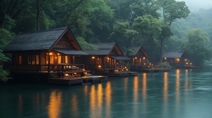 Fototapeta premium Wooden Cabins on a Misty Lake