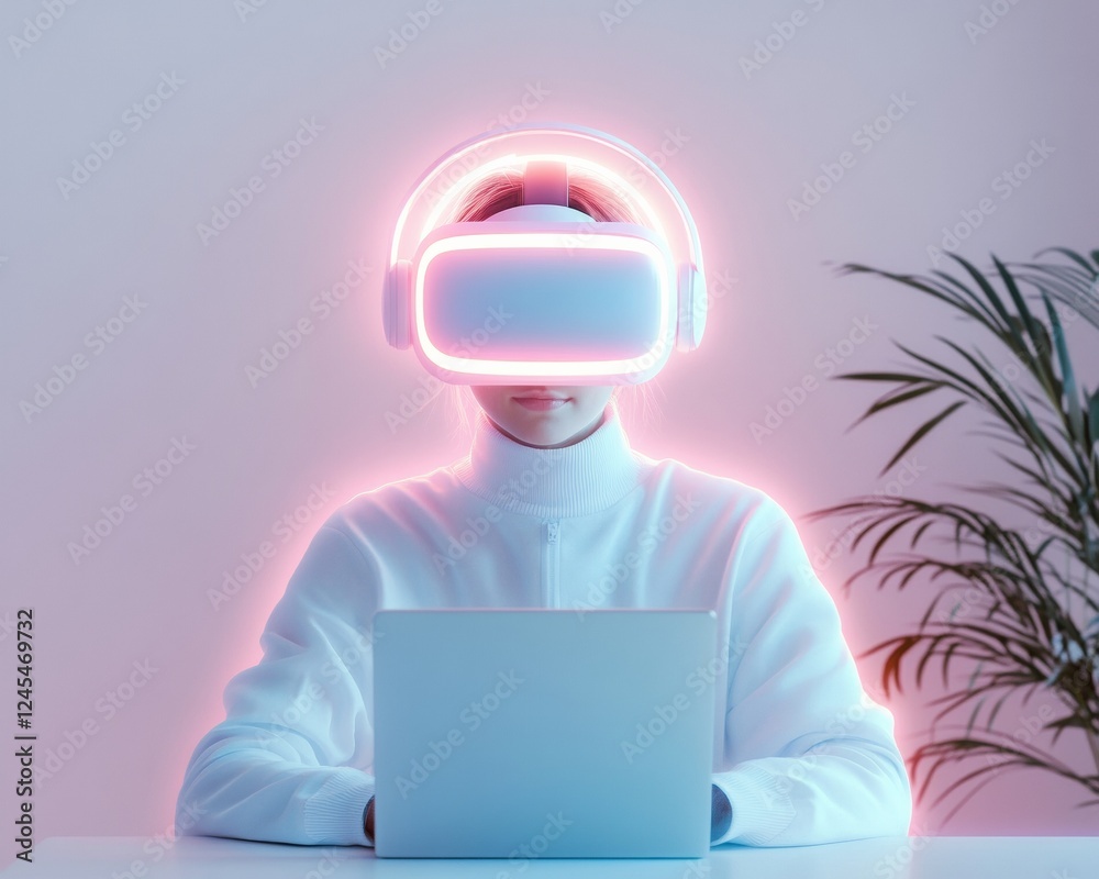 Aufkleber neon minimalism in virtual reality young adult engages in remote work with holographic interface in 