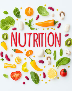 Creative food lettering of NUTRITION with colorful vegetables and fruits