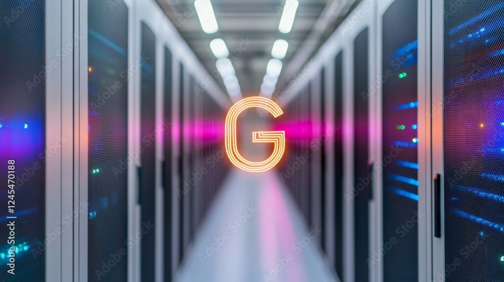 Poster Neon-Infused Data Center Corridor Energy-Efficient Server Racks in Modern Infrastructure - Green Computing for Sustainable Business Solutions