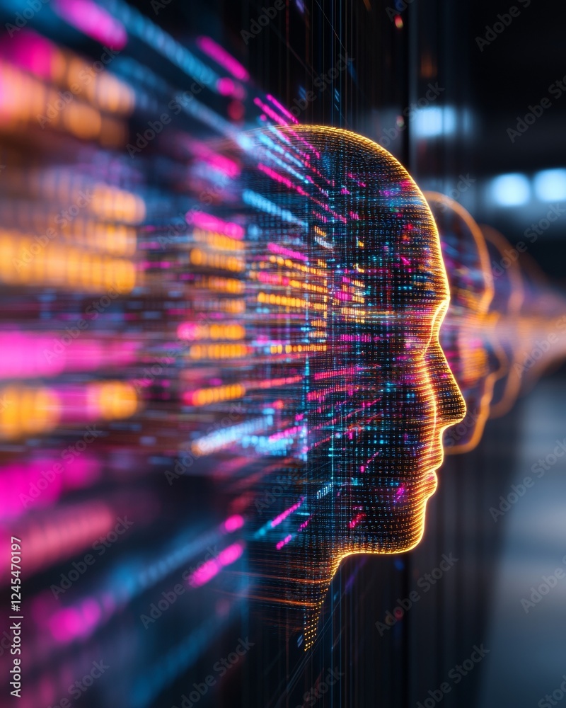 Poster Futuristic Holographic Interface with Digital Face Projection and Neon Lines - Innovative AI Visualization for Tech Solutions in Digital Transformation and Network Connectivity