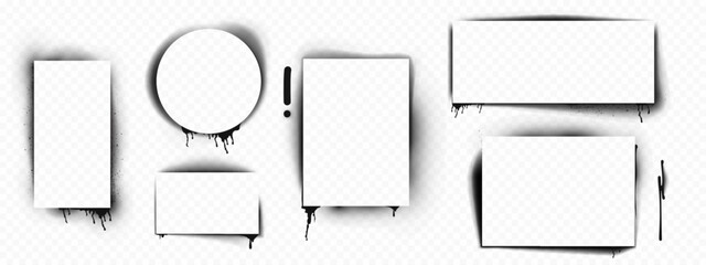 Black paint stencils set isolated on transparent background. Vector realistic illustration of rectangular, square, round ink borders, airbrush silhouette, grungy street art frames with color drips