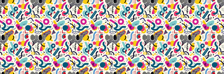 Seamless pattern with geometric shapes in the style. Multicolored vintage background with triangles, circles and squares for textile, fabric and Sudanese fabric art.