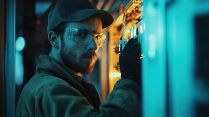 Close-up of Electrician Using Pliers to Secure Connection Inside Electrical Cabinet with Focused Expression and Safety Gear in Dimly Lit Environment