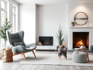Fototapeta premium Grey chair sitting by fireplace under natural light in modern Scandinavian living room interior design, grey chair, cozy, Nordic