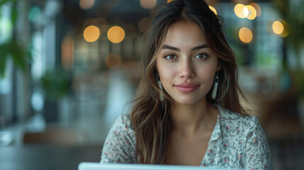 A focused woman diligently working on her laptop in a cozy, well-lit café with soft natural light streaming through the windows, creating a serene and productive environment