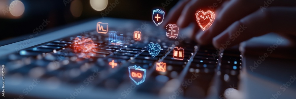 Leinwandbilder Holographic Cybersecurity Visualization on Glass Keyboard Futuristic Protection Interfaces for IT Solutions in Modern Workspace - Digital Data Safety Innovations