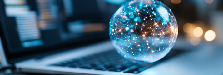 Futuristic Cybersecurity Display Holographic Network Sphere with Digital Nodes and Shields - Advanced IT Protection Solutions in High-Tech Office Workspace