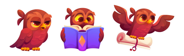 Cute owls set isolated on white background. Vector cartoon illustration of smart brown bird reading book, flying with paper scroll, school education animal mascot, symbol of knowledge and wisdom