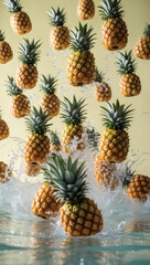 Fototapeta premium Fresh pineapples splashing into water, a vibrant display of tropical fruit.