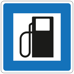 Square road sign indicating a gas station with a fuel pump symbol, providing clear direction for drivers seeking refueling © juraj