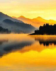 Obraz premium Golden mist rolling over tranquil lake at sunrise, creating serene landscape