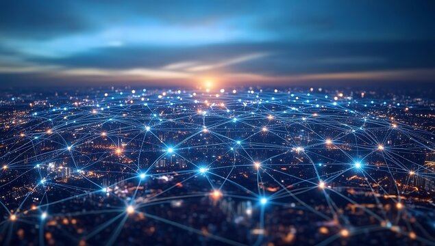 Global communication network over illuminated city at sunset with glowing connected nodes representing digital technology