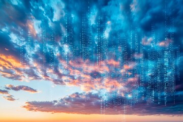 Digital rain falling on sunset cloudscape