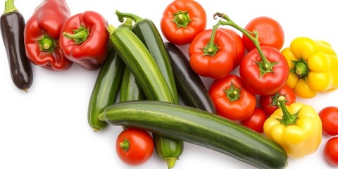 A variety of fresh vegetables including tomatoes, peppers, and zucchinis isolated on a clean white background, organic, healthy, isolated
