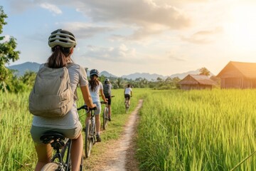 Fototapeta premium Rustic Eco-Tourism Journey Cyclists on Countryside Trail with Lush Fields and Sunlit Cottages - Sustainable Adventure Content and Green Travel Promotions