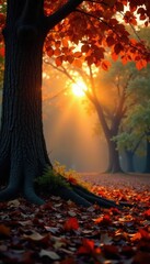 Tree roots hidden by autumn leaves beneath sunset glow, leaves, roots, forest
