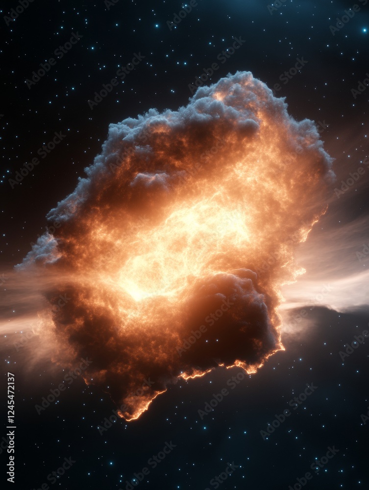 Poster Cosmic Burst Wallpaper Dynamic Digital Art of Star Cluster Explosion with Vibrant Gas Clouds for Space-Themed Decor and Immersive Home Office Design