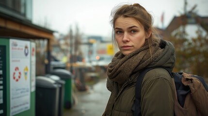 Fototapeta premium Young woman with backpack standing near recycling bins on a cloudy day
