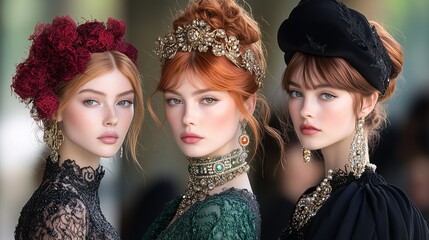 Obraz premium Elegant Trio with Red Hair and Vintage Fashion