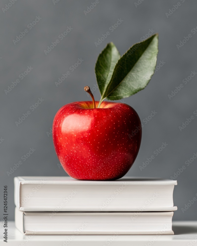 Poster minimalist educational display red apple on textbooks with mint green backdrop - academic branding a
