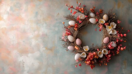 Elegant easter wreath with hand-painted eggs and floral accents on wall