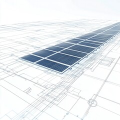 Blueprint of a modern building featuring solar panels on the roof and detailed architectural design
