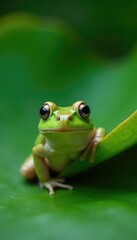 Naklejka premium tiny frog peeking from behind a water lily leaf, plant, vegetation, calm