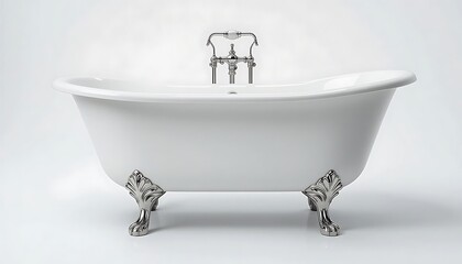 Elegant freestanding white clawfoot bathtub with chrome faucet and ornate feet, luxurious bathroom design