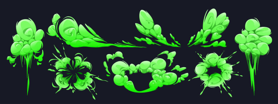 Green toxic smoke effect set with swirling comic clouds. Cartoon dynamic spiral shapes, misty trails and expanding puffs in neon color for game visual elements and explosion animation sequences.