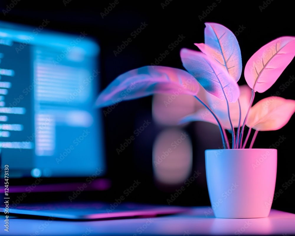 Fototapete neon tech nostalgia 90s-inspired digital workspace with crt monitor and pixel graphics for creative 