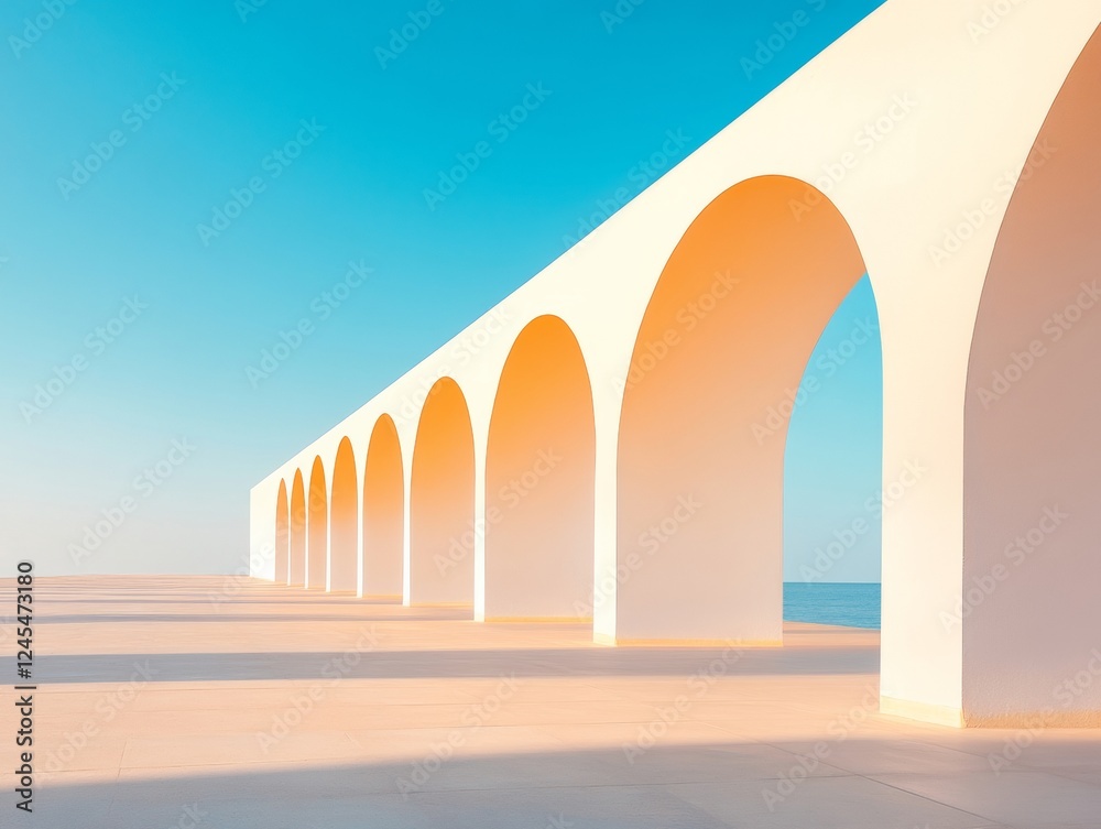 Aufkleber arched modern architecture minimalist concrete design with soft sunlight and ocean backdrop - contem