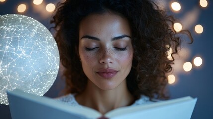 Naklejka premium Whimsical Astrology Retreat Latina Woman Reading Crystal-Inspired Books in Starry Candlelight - Ethereal Lifestyle Content and Metaphysical Brand Promotion