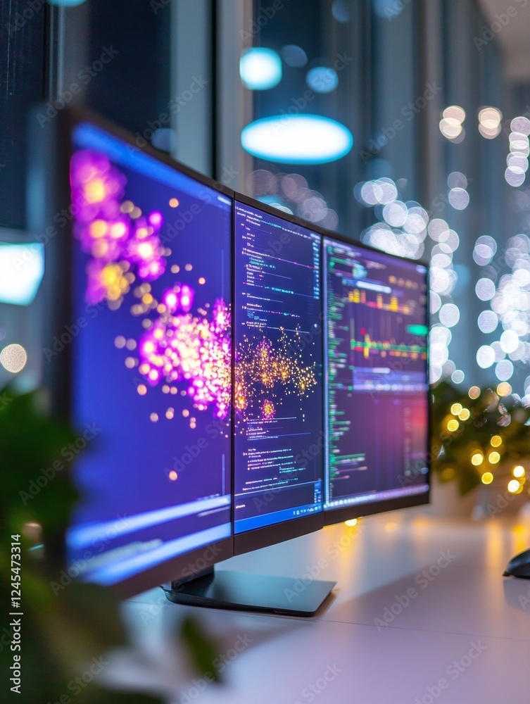 Aufkleber Ultra-Modern Control Room Dual Monitor Display with Interactive Data Visualization and Ambient Lighting - Tech-Driven Operations for Enhanced Decision-Making in Smart Offices