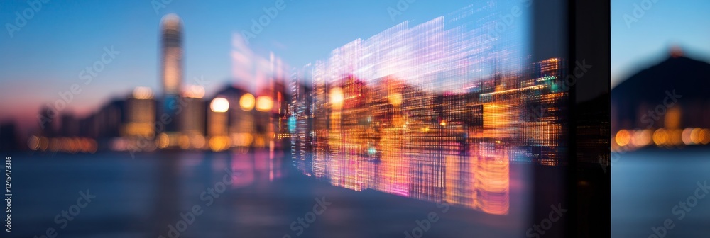 Poster contemporary urban reflections digital skyline intersecting with cityscape - modern business innovat