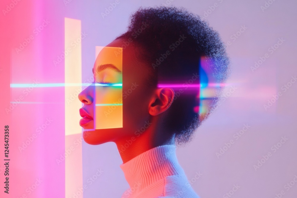 Poster neon surrealism in cinematic portraiture afrocentric model in fragmented mirror space for creative v