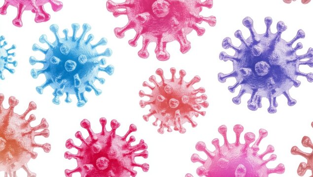 Colorful virus particles, digital illustration, white background, medical research