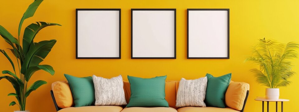 Inviting living room ideas featuring blank frame placements.