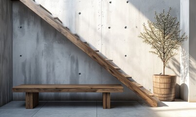 Obraz premium Loft interior design of modern entrance hall with wooden bench and staircase in modern concrete interior wall background
