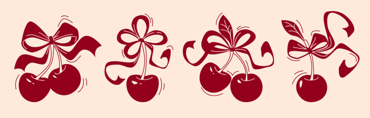 Cherry fruit set with decorative ribbon bows in dark red silhouette style. Sweet berries tied with flowing ribbons on pastel background. Minimalist design elements for t shirt or packaging decoration.