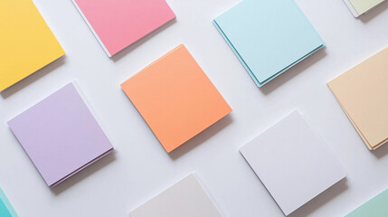 Colorful sticky notes neatly arranged clean white desk modern minimalist productivity organized creative workspace