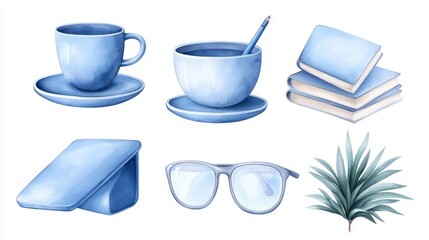 Cozy watercolor still life, books, glasses, and a cup for book lovers reading enthusiasts