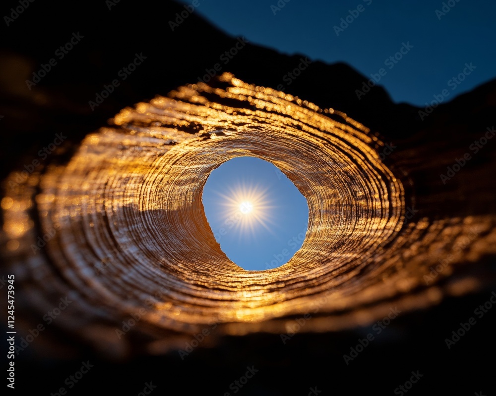 Aufkleber golden cosmic tunnel atmospheric sunrise over sculpted rock layers - inspirational professional disp