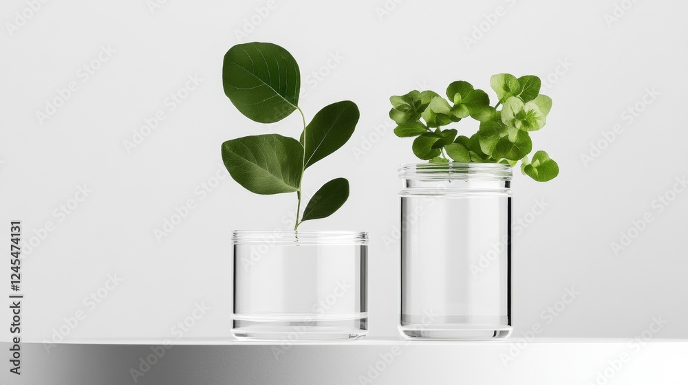 Poster minimalist botanical science display clear glass beakers with fresh greenery for modern stem educati