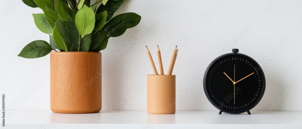 Poster minimalist desk organization wooden holders with pencils and modern analog clock on white surface - 